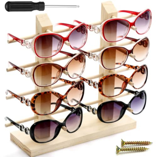 XAVSWRDE Expositor para Gafas de Sol de 4 Pisos Soporte de Exhibición para Grafas de Sol de 35 x 29,5 x 9 cm con Destornillador Porta Gafas de Madera Organizador para Gafas de Sol para Casa Tienda