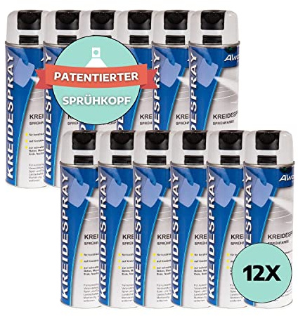 AWOTEX Kreidespray Weiß 500 ml I 12 Dosen Kreidefarbe Spray I Kreidefarbe weiß für kurzzeitige Markierungen I schnelltrocknend & FCKW-frei I Sprühfarbe weiß mit patentiertem Sprüh-Kopf