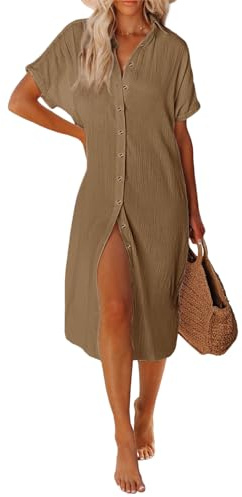 RITOSTA strandklänning dam lång strandtunika strandklänningar sommar kaftan strandponcho tunika klänning strandsemester bikini täcka med knappar blus skjorta fritidsklänning, BRUN, S