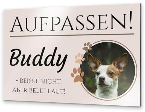 Farbiges Vorsicht Hund Schild mit eigenem Foto - Warnung vor dem Hund Schilder - Achtung Hund Schild wetterfest - Hundeschild Warnung Warnschild - Hundeschilder personalisiert aus Alu Dibond