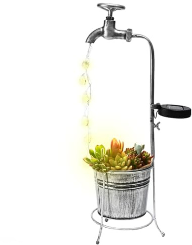 Hperu Solar Waterfall Lights,Solar Landscape Lights 23.6 Inch Water Faucet Solar Waterfall Lights With Flower Pot and Water Drop String Light Waterproof Solar Garden Ornaments for Lawn Patio Y