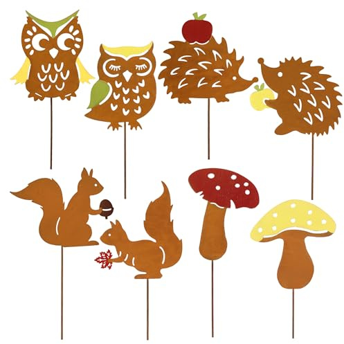 Valery Madelyn 8er Rost Gartenstecker für Herbstdeko,25cm Bunt Rostoptik | Gartendeko Draußen mit Igel Eule Pilze,Beidseitig Roststecker Metall für Innen Outdoor Blumentopf Terrasse,Geschenk Erntedank