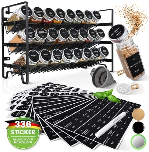 Havenhaus Gewürz regal Set | Gewürzregal stehend inkl. 24 Gewürzgläser+336 Gewürzetiketten deutsch & Accessoires | Wand oder stehend | Gewürz Organizer | Gewürzregal mit Gläsern