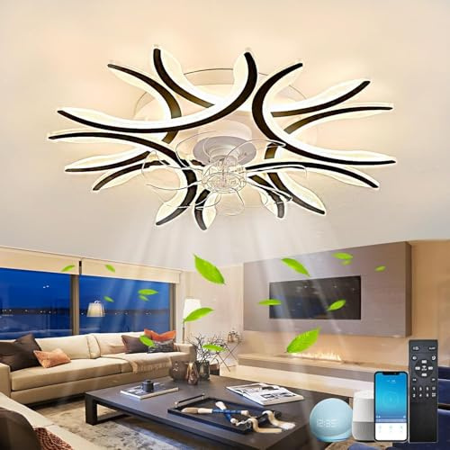 Fachae Deckenventilator mit Beleuchtung Alexa Und Google Assistent Schwarz | 6 Geschwindigkeiten,Reversibel, Intelligent Deckenlampe Mit Ventilator,Dimmbare,LED,Speicherfunktion,Weiß,Sprachassistent