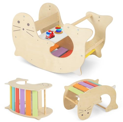 GOPLUS 3 in 1 Kletterbogen für Kinder, Montessori Klettergerüst mit Spieltisch, Schaukelpferd, Kletterdreieck Indoor aus Holz, für Kleinkinder von 3-14 Jahren