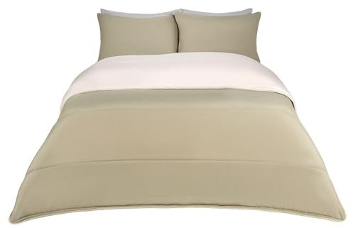 OHS Coverless Duvet Double, 10.5 Tog Reversible Soft Warm Microfibre Comfy Coverless Duvet Summer Winter Camping Blanket Washable Quilt Bedding Double Duvets with Pillowcases, Sage/Natural