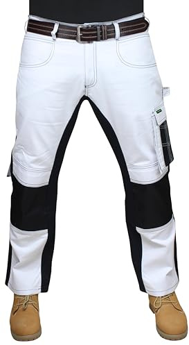 Hashoob Pantalon de travail blanc pour homme Multi poches Vêtements de travail pour peintres et décorateurs, blanc, 32W / 32L