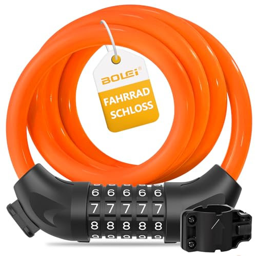BOLEi lucchetto bici con codice a combinazione 12 MM/120 CM, Serratura antifurto del cavo della bicicletta di codice a 5 cifre impermeabile per la bicicletta, e-bike, carrozzina (Arancione)