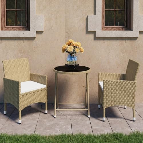 KATERYY 3-TLG. Bistro-Set Poly Rattan und Hartglas Beige,Hochwertiges 3teiliges Bistroset für Garten und Balkon