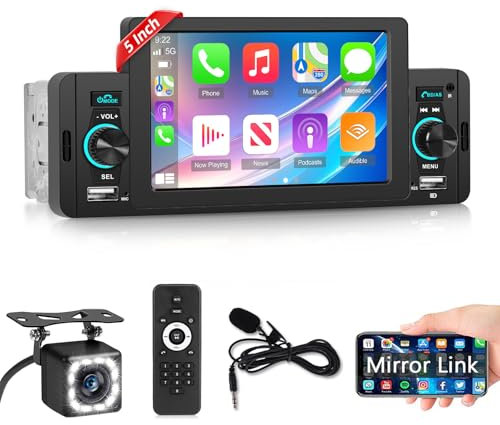 Autoradio 1 Din con Mirror Link - Radio Touchscreen HD da 5 Pollici con EQ, Bluetooth, Radio FM, SWC, Ingresso USB + Telecamera di Backup