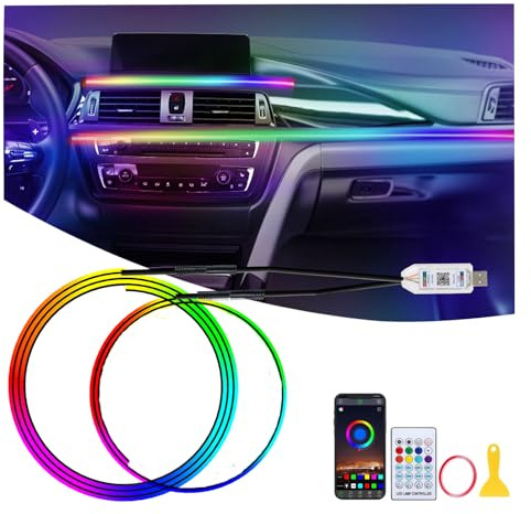 GPJYD Iluminación de ambiente acrílico 2 en 1 para coche, 110 cm + 35 cm, 168 LED RGB con 16 millones de colores y 210 aplicaciones dinámicas, control USB, iluminación ambiental para automóvil o coche