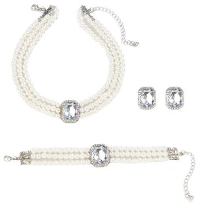 Gkaopi 3 Stück Perlen Schmuckset für Damen Layered Perlen Choker Halskette und Armkette Vintage Geometric Kristall Ohrringe Hochzeit Verlobung Braut Brautjungfer Prom Hochzeits Schmuck