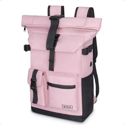KYYLZ Rucksack Damen,Rolltop Rucksack Herren,28L Groß Schulrucksack Rucksack Wasserdicht mit Laptopfach 17.3 Zoll,Tagesrucksäcke Reiserucksack Lässiger Backpack Freizeit Uni Arbeit Wandern (Rosa)