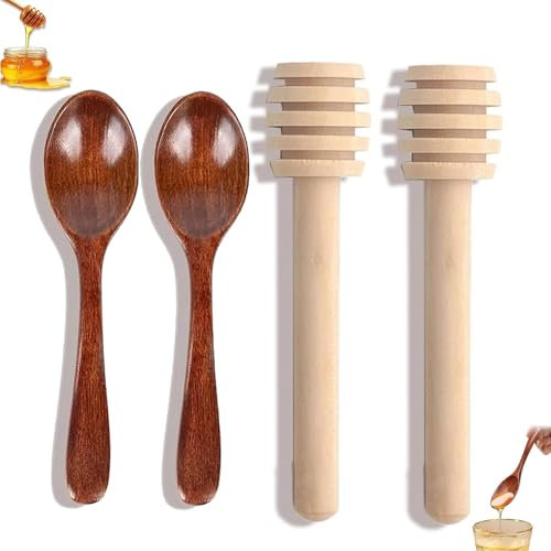 4 Pcs Natural Wooden Honey Spoons with Honey Dipper, Ideal for Stirring Honey, Tea, Coffee, Jam, and Perfect as Wedding Party Favours or Gifts, Easy to Clean and Reusable