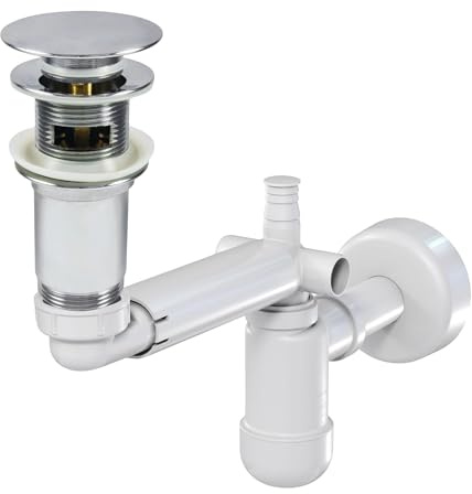 Ablaufgarnitur für Waschbecken mit und ohne Überlauf + Teleskop Siphon für platzsparendes Waschbecken | Click-Clack Ventil mit extra großem 68 mm Durchmesser | Pop Up Ablaufventil | Chrom+Siphon