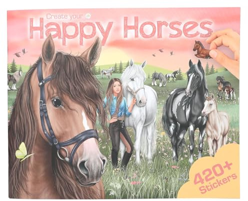 Depesche 13586 Create Your Happy Horses - Livre d'autocollants de 24 pages d'arrière-plan pour créer son propre univers équestre, avec 6 planches d'autocollants
