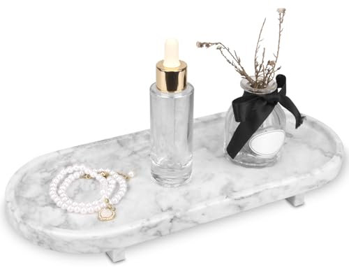 Badezimmer Tablett Luxuriöse Natürlicher Marmor Deko Tablett Oval mit Bein Seifenspender Tablett für Bad Handtuch Parfümhalter Küche Eitelkeit Pflanze Schmuck Tablett Weiß Grau 30 x 13 x 3.8 cm