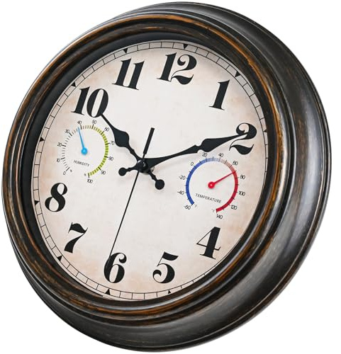 12 Inch Outdoor Clock with Thermometer and Hygrometer Combo, Indoor Outdoor Waterproof Wall Clocks, Battery Operated, Silent, Non Ticking, Easy to Read, Outside Clock Decor for Patio, Garden, Pool