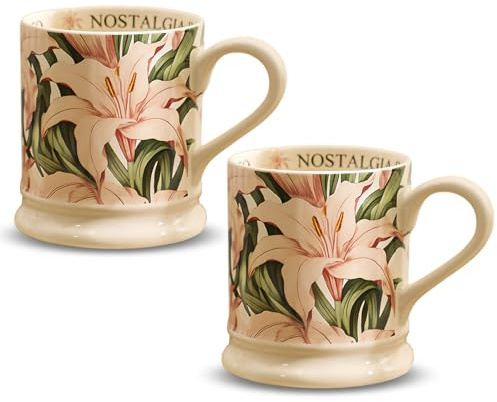 MIATTCLD Kaffeetassen 2er Set Porzellan Kaffeebecher Blume Schmetterling Design Vintage Teetasse mit Griff für Cappuccino, Kaffee, Tee, Büro Geschenk Becher Set, 380ml (Lilie)