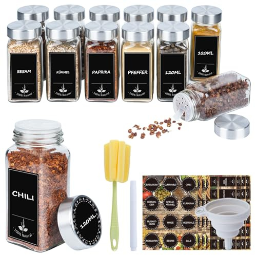 12 Pots à Épices en Verre Carré 120ml avec Insert Saupoudreur – Bocaux Épices Cuisine avec Étiquettes, Entonnoir, Marqueur et Brosse – Boite Épices Rangement Cuisine, Capuchon en Acier Inoxydable