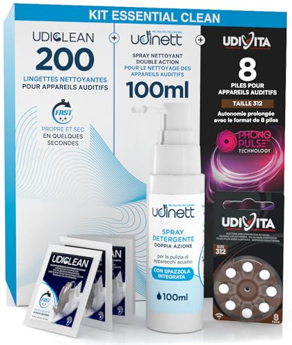 8 Pilas para Audífonos Tamaño 312 PR41 Marrón + 200 Toallitas Limpiadoras Udiclean Tamaño de Bolsillo + Spray de Limpieza con Cepillo Integrado Elimina el Cerumen Udinett 100ml - Kit Essential Clean