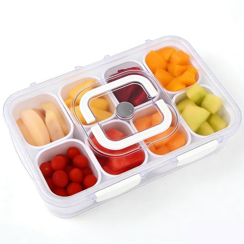 Dreamhigh® Bandeja para Aperitivos 8 Compartimentos, Snack pack PP Container para Lavavajillas, para Dulces, Cuencos Aperitivos con Tapa y Asa, para Dulces, Frutas, Galletas, Verduras y Postres