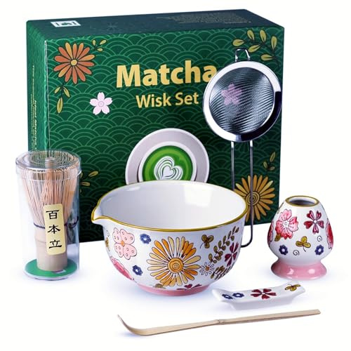 Gifts for Mom, Hand-Painted Floral Matcha Ceremony Set, 6-Piece Japanese Tea Ritual Kit with Ceramic Bowl & Bamboo Whisk – Mindful Matcha Gift Set