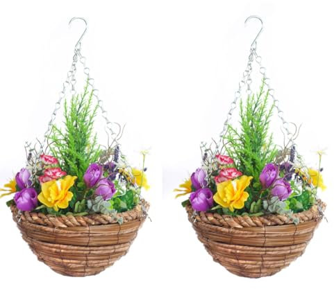 Best Artificial Pair Of Fully Assembled Mixed Meadow Flower Displays in 10 Inch Woven Decorative Hanging Baskets (Yellow (Conifer)) - FBA