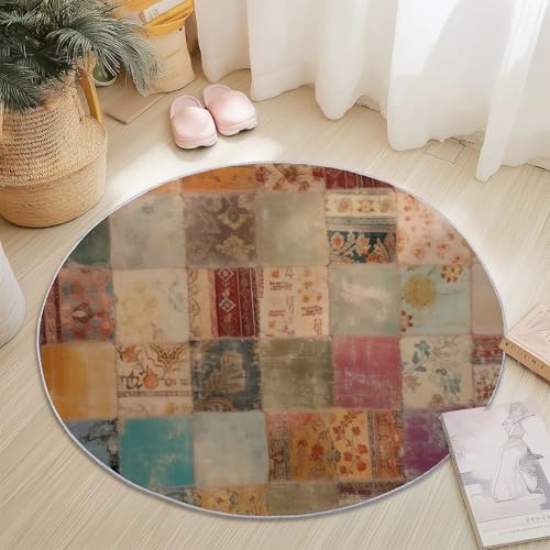 Tappeti Rotondo per il Soggiorno 200 cm, Morbido Tappeto Rotondo Lavabile Antiscivolo Attaccato Patchwork Floreale Geometrico Tappeto per Camera da letto Tavolino da Caffè Ingresso, Marrone