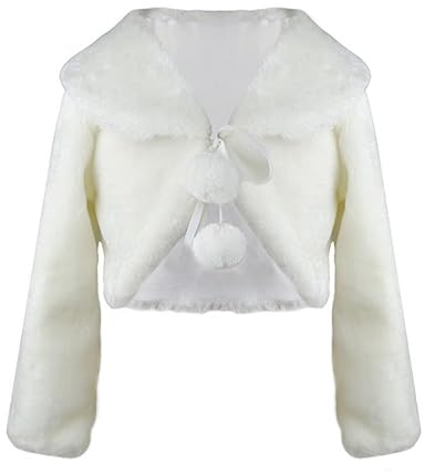 Girls Faux Fur Bolero Solid Plain Furry Fleece Coat Jacket Princess Shawl Shrug Bridesmaid Tippet Cape Cardigan for Wedding Party Fall Winter Clothes Outerwear (White, 10-13 Years)