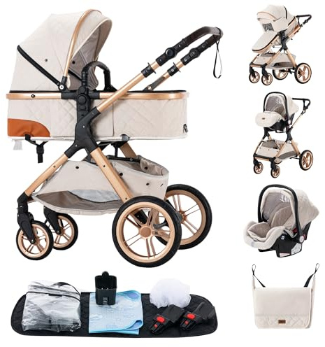 ALYIKOU kinderwagen 3 in 1 Zusammenklappbarer Kinderwagen KombiKinderwagen Aluminiumrahmen für Neugeborene Getränkehalter Moskitonetz Regendecke Sitz Windelbeutel