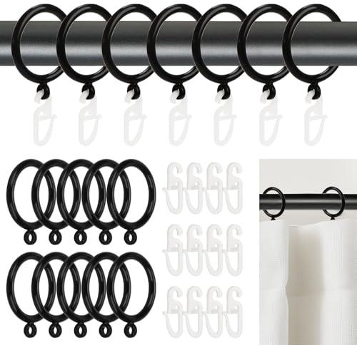 Bohrma 50 Stück Gardinenringe mit 50 Haken Kunststoff Vorhangringe 32mm Innendurchmesser Geräuschlose Ringe für Gardinenstange Curtain Rings für Fenster Schienen Duschvorhänge (Schwarz)