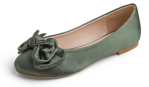 Feversole Women's Round Toe Soft Cute Dress Ballet Flats Dolly Shoes Olive Silk Satin 5 UK