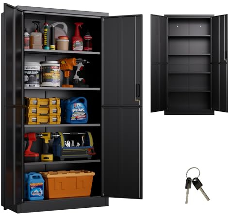 LOCENHU Multifunktionaler Metallschrank 180x80x40 cm, Metallwerkzeugschrank, 4 Regale, Abschließbar, Geeignet für Büro, Schule, Werkstatt, Zur Selbstmontage, (Schwarz)