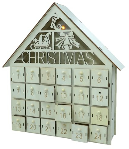 Healeved Calendario dell'Avvento in Legno 2025 con Luci LED Calde Cassetti Riempibili per Conto alla Rovescia Natalizio Decorazione Rustica da Tavolo e Stufa per Atmosfera Festiva