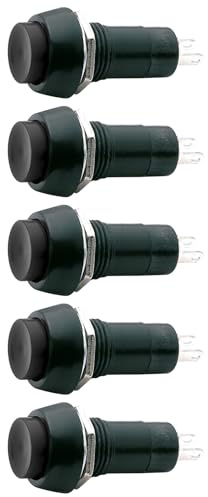 5x Interruttore a pulsante ⌀18mm, funzione ON-OFF, tasto nero, unipolare, 2 posizioni, rotondo, tondo, foro 12mm, fissaggio a vite, da pannello, portata 12V 220V 230V 1A, contatti a saldare, click