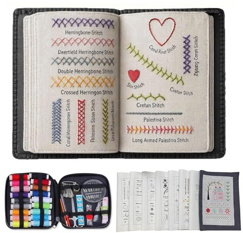 Touosy Embroidery Stitch Book, Libro di Ricamo 86 Accessori Libro Ricamo Principianti, con Compreso Dito da Cucito Embroidery Kit Modelli Multipli Kit Portatile per Adulti e Appassionati