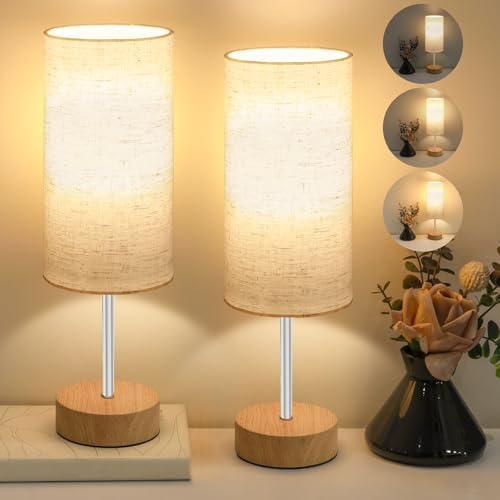 Totofac Nachttischlampe Touch 2er Set, Schreibtischlampe, Leselampe, Dekolampe, Touchdimmbar, 3 Stufen Warmlicht, Leinen-Lampenschirm, 1,5m Kabel