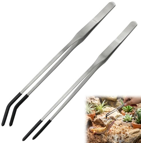 Reptile Feeding Tongs 27cm, Extra Long Stainless Steel Aquarium Tweezers | with Rubber Tips, 2PCS Straight and Curved Terrarium Tools for Snake, Lizard, Gecko, Fish Tank Aquascaping Accessories