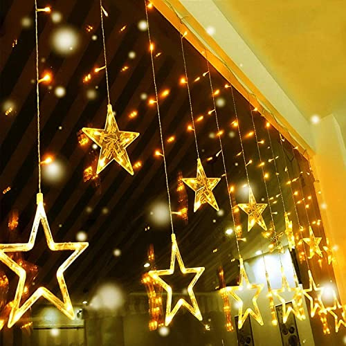 Quntis Christmas Star Window Lights Mains Powered Warm White 2M 138LED 12 Star Christmas Curtain Lights Connectable Icicle Fairy Lights Indoor Outdoor Decoration for Home Bedroom Garden Party Wedding