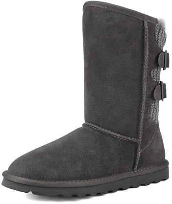 DREAM PAIRS Women's Winter Boots, Faux Fur Lining, EVA Rubber Sole, Adjustable Buckle Straps, Woven Back Panel, Mid Calf, Indoor and Outdoor Use, Size 6,Grey,SWEATY-BUCKLE