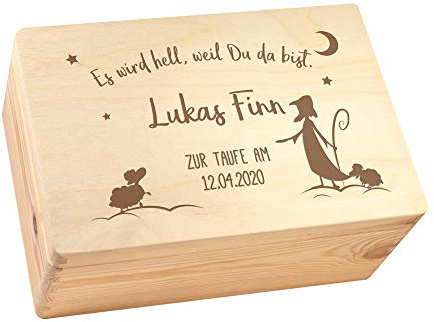 Casa Vivente Erinnerungskiste zur Taufe mit Gravur, Personalisiert mit Namen und Taufdatum, Keepsake Box aus Holz, Taufgeschenke
