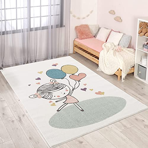 carpet city Kinderteppich Mädchen mit Ballons - 160x230 cm - Bunter Spielteppich fürs Kinderzimmer, weich, Cartoon-Design, Herz & Ballons Motiv