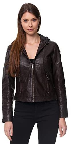 Tazzio Läderjacka för kvinnor Biker Look äkta läderjacka i två-i-ett-stil (huva och avtagbar insida) F503, BRUN, XL
