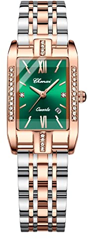 JewelryWe Uhren Damen Analog Quarz Armbanduhr Luxus Elegant Datum Kalender 30m Wasserdicht Strass Rechteckig Edelstahl Armband Geschäfts Beiläufige Uhr mit Uhrenwerkzeug Grün