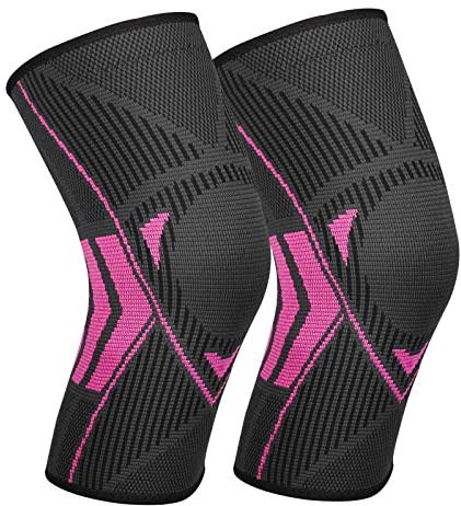 Ruilala Rodillera de compresión para rodilleras, 1 unidad, con tiras de silicona antideslizante, elástica, para hombres y mujeres, para artritis, ACL, menisco, deporte, fitness, color rojo rosa, L)