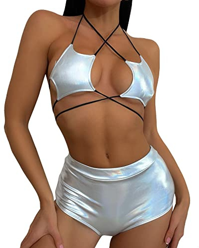 SKFLABOOF Rave Outfits für Frauen, Quasten Rock Metallic Holografisches BH Oberteil Set für Festival Tanz Clubwear Party