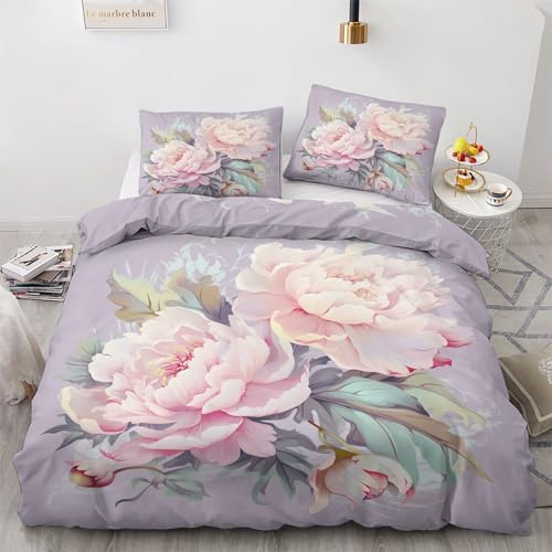 Pfingstrosen Bettwäsche 135x200 Winter - Rosa Blumen Bettbezug 135 x 200 2er Set, Wendebettwäsche und Kissenbezug 80x80, Weiche & Angenehme & Warme Mikrofaser Bettwäsche-sets mit Reißverschluss