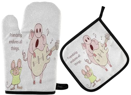 Ofenhandschuhe Schwein Sänger Maus Freundschaftsspruch Topflappen Set Waschbare Topfhandschuhe Hitzeresistente Grillhandschuhe Für BBQ Backen Mikrowelle