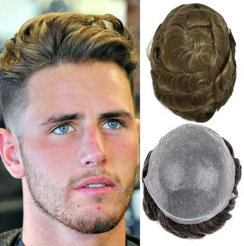 Herren Toupet Echthaar Ultradünnes 0,03mm Hauttoupet für Männer Leichtes Haarteil mittlerer Dichte Basisgröße 8x10 Zoll 100% Echthaar System für Männer（#7）
